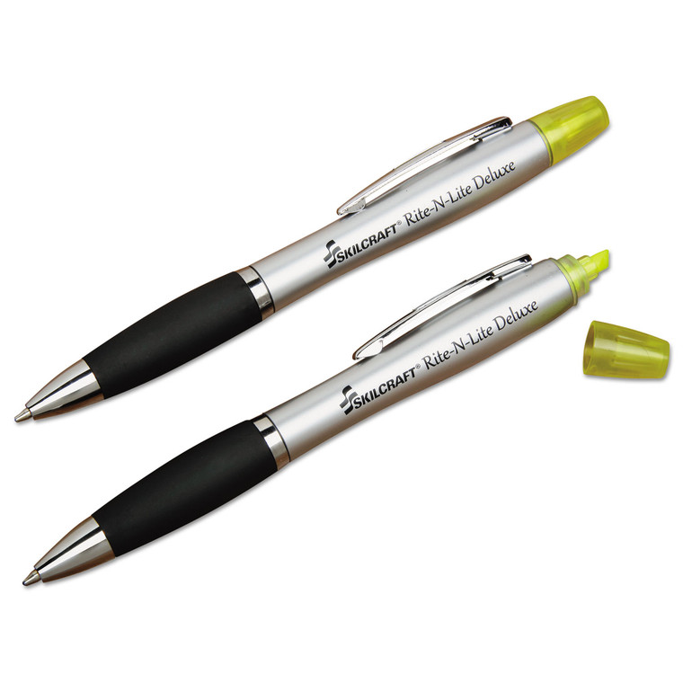 7520016206416 Skilcraft Rite-N-Lite Deluxe, Fluorescent Yellow/black Ink, Chisel/conical Tips, Silver/black Barrel, Dozen - NSN6206416
