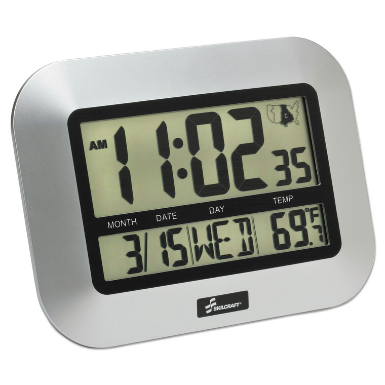 6645016611877 Skilcraft Lcd Digital Radio-Controlled Clock, 7.25" X 9.75", Sliver Case, 2 Aaa (sold Separately) - NSN6611877