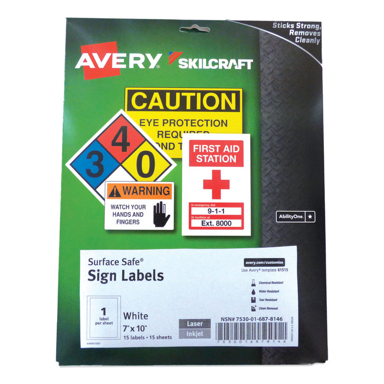 7530016878146 Skilcraft/avery Surface Safe Sign Labels, 7 X 10, White, 1/sheet, 15 Sheets/box, 12 Boxes/box - NSN6878146