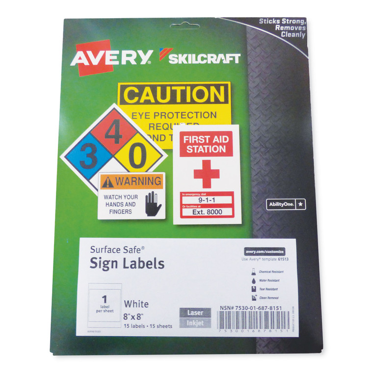 7530016878151 Skilcraft/avery Surface Safe Sign Labels, 8 X 8, White, 1/sheet, 15 Sheets/box, 12 Boxes/box - NSN6878151