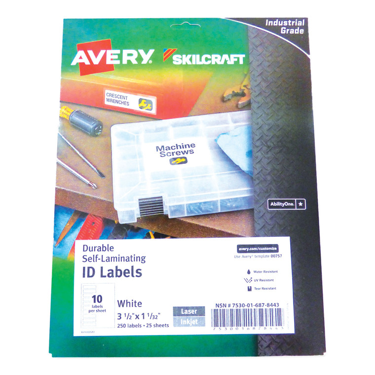 7530016878443 Skilcraft/avery Durable Self-Laminating Id Labels, 1.03 X 3.5, White, 10/sheet, 25 Sheets/pack - NSN6878443