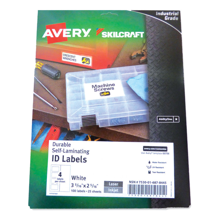 7530016878445 Skilcraft/avery Durable Self-Laminating Id Labels, 2.31 X 3.31, White, 4/sheets, 25 Sheets/pack - NSN6878445