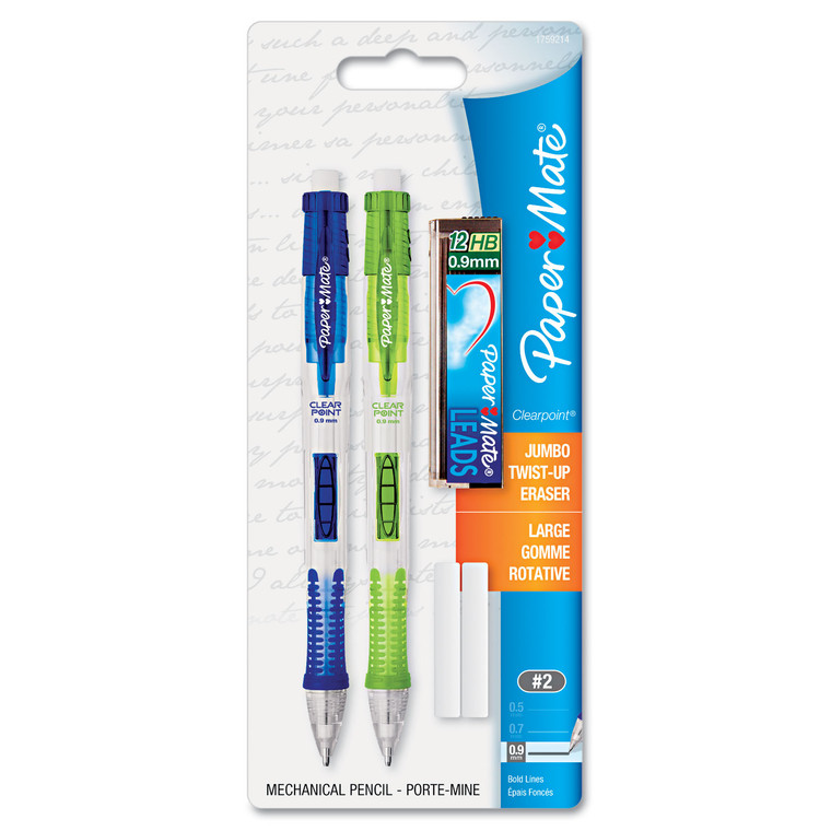 Clear Point Mechanical Pencil, 0.9 Mm, Hb (#2.5), Black Lead, Assorted Barrel Colors, 2/pack - PAP1759214