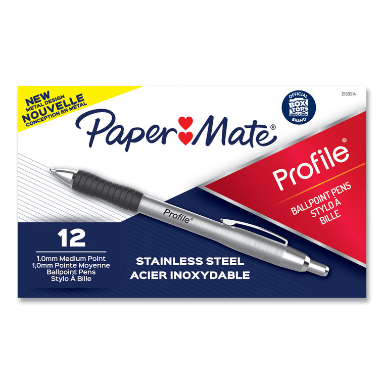 Profile Metal Ballpoint Pen, Retractable, Medium 1 Mm, Black Ink, Silver Barrel, Dozen - PAP2130514