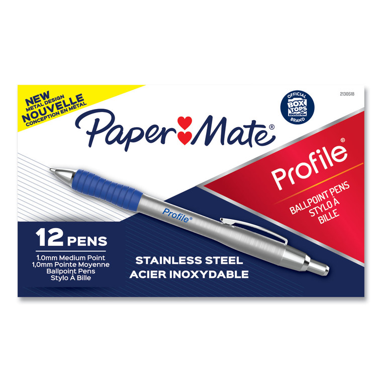 Profile Metal Ballpoint Pen, Retractable, Medium 1 Mm, Blue Ink, Silver Barrel, Dozen - PAP2130518