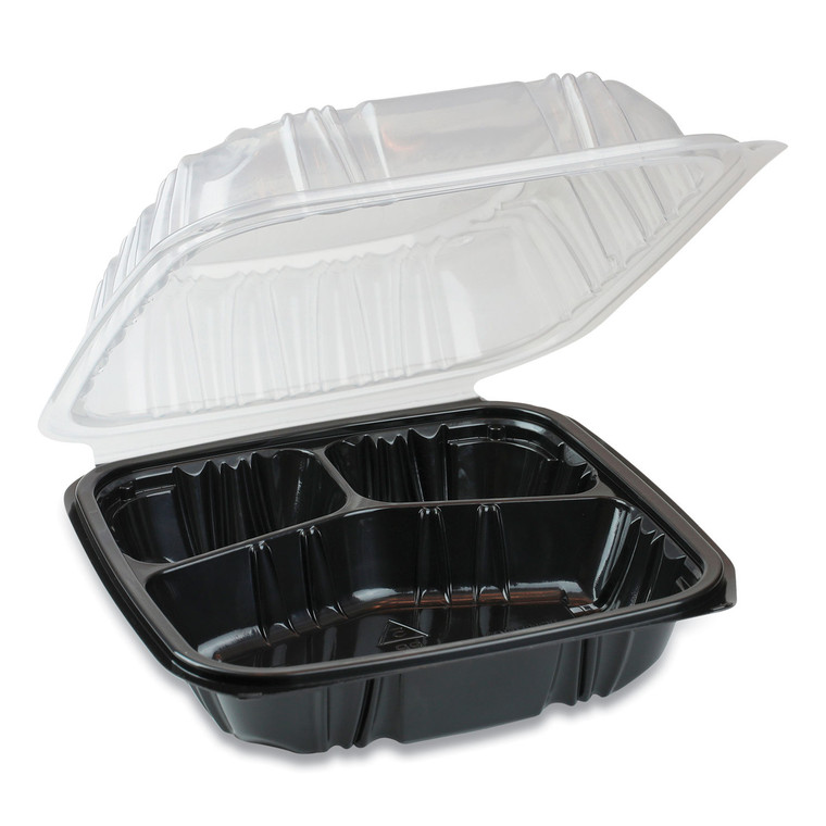 Earthchoice Dual Color Hinged-Lid Takeout Container, 3-Compartment, 21 Oz, 8.5 X 8.5 X 3, Black/clear, 150/carton - PCTDC858310B000