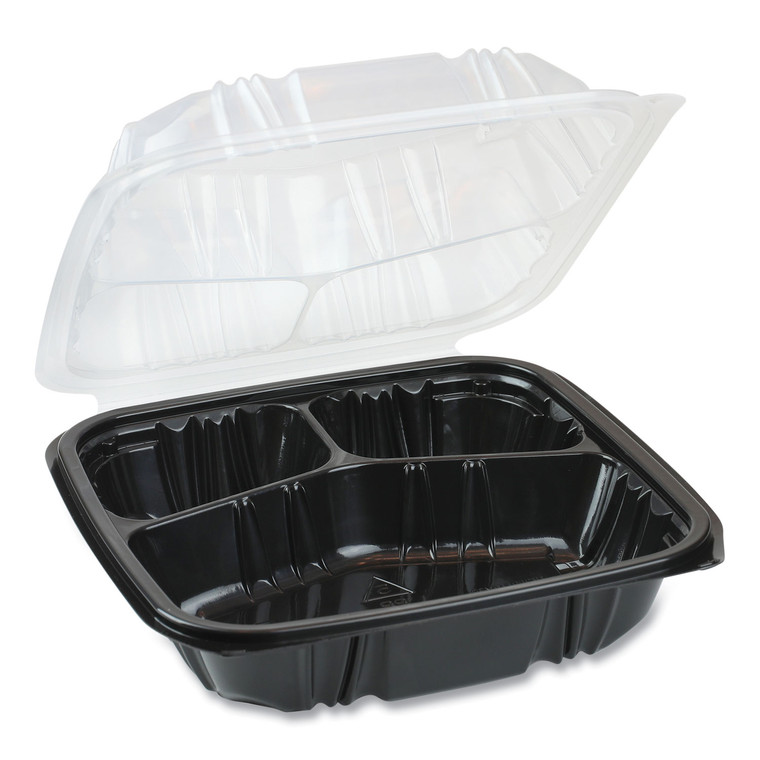 Earthchoice Dual Color Hinged-Lid Takeout Container, 33 Oz, 8.5 X 8.5 X 3, 3-Compartment, Black/clear, 150/carton - PCTDC858330B000