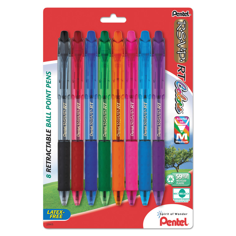 R.s.v.p. Rt Ballpoint Pen, Retractable, Medium 1 Mm, Assorted Ink Colors, Clear Barrel, 8/pack - PENBK93CRBP8M