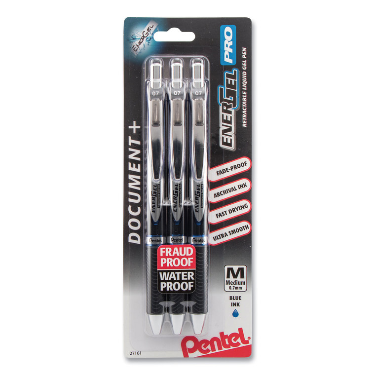 Energel Pro Gel Pen, Retractable, Medium 0.7 Mm, Blue Ink, Black Barrel, 3/pack - PENBLP77BP3C
