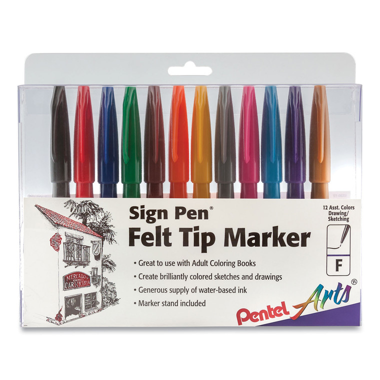 Sign Pen Fine Point Color Marker, Extra-Fine Bullet Tip, Assorted Colors, 12/set - PENS52012