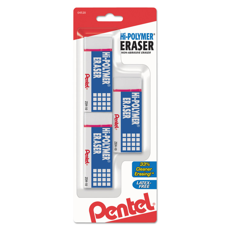 Hi-Polymer Eraser, For Pencil Marks, Rectangular Block, Medium, White, 3/pack - PENZEH10BP3K6