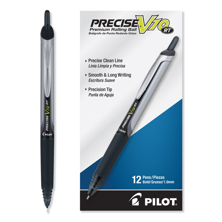 Precise V10rt Roller Ball Pen, Retractable, Bold 1 Mm, Black Ink, Black Barrel, Dozen - PIL13450