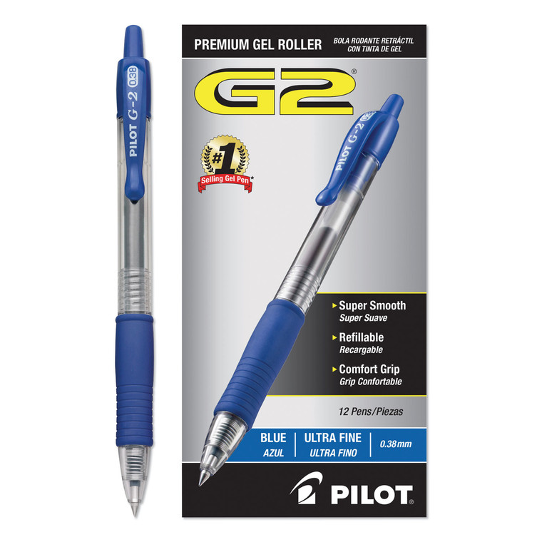 G2 Premium Gel Pen Convenience Pack, Retractable, Extra-Fine 0.38 Mm, Blue Ink, Clear/blue Barrel, Dozen - PIL31278