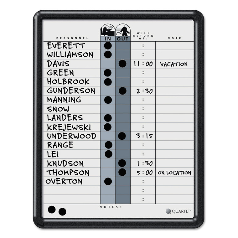 Employee In/out Board, Porcelain, 11 X 14, Gray, Black Plastic Frame - QRT750