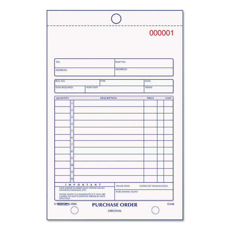 Purchase Order Book, Bottom Punch, Two-Part Carbonless, 5.5 X 7.88, 1/page, 50 Forms - RED1L140