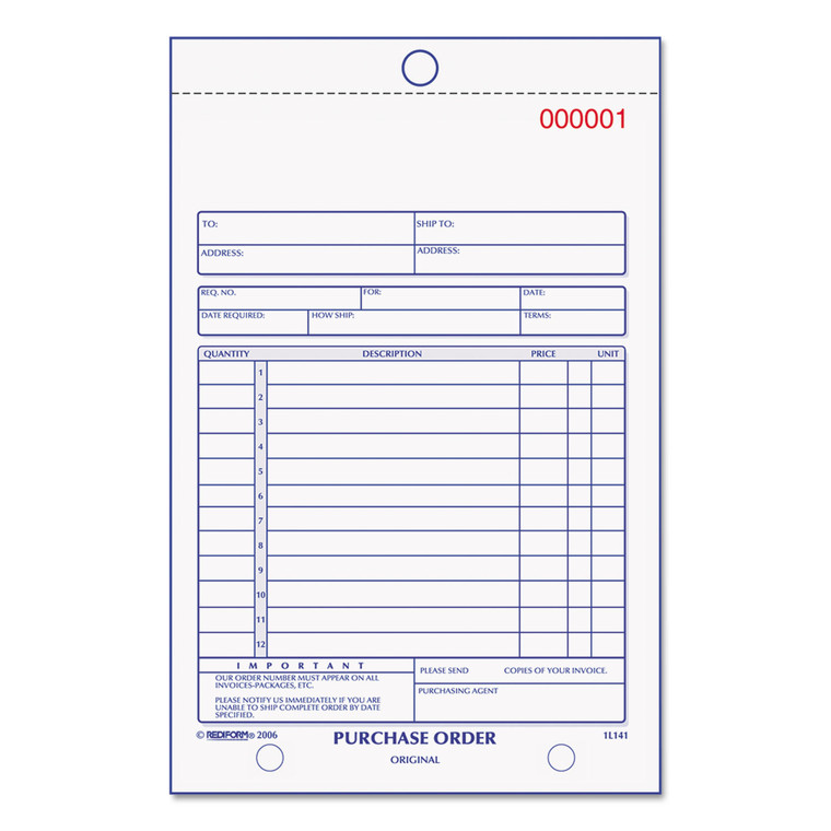 Purchase Order Book, Three-Part Carbonless, 5.5 X 7.88, 1/page, 50 Forms - RED1L141