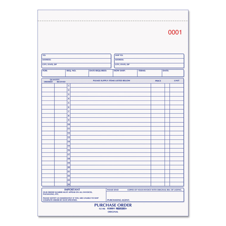 Purchase Order Book, Two-Part Carbonless, 8.5 X 11, 1/page, 50 Forms - RED1L146