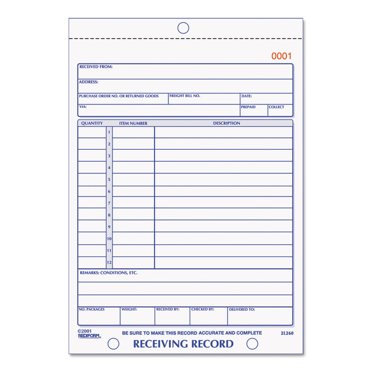 Receiving Record Book, Three-Part Carbonless, 5.56 X 7.94, 1/page, 50 Forms - RED2L260