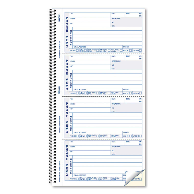 Telephone Message Book, Two-Part Carbonless, 5 X 2.75, 4/page, 400 Forms - RED50076