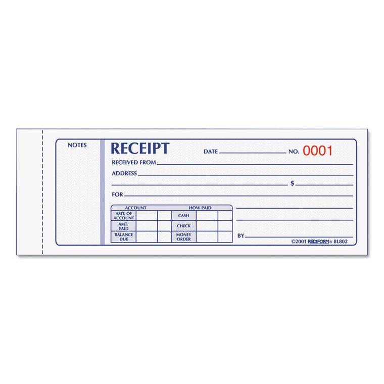 Receipt Book, Three-Part Carbonless, 7 X 2.75, 1/page, 50 Forms - RED8L802