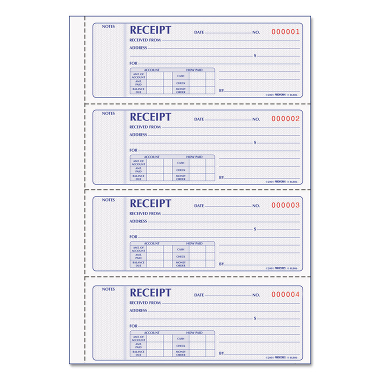 Money Receipt Book, Two-Part Carbonless, 7 X 2.75, 4/page, 200 Forms - RED8L806