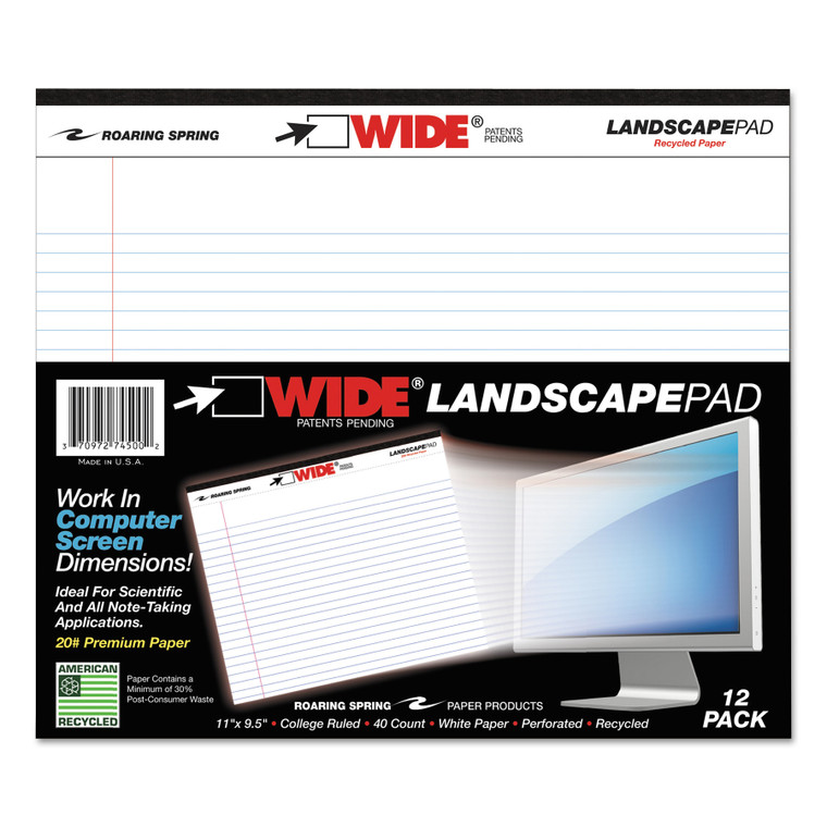 Wide Landscape Format Writing Pad, Unpunched With Standard Back, Medium/college Rule, 40 White 11 X 9.5 Sheets - ROA74500
