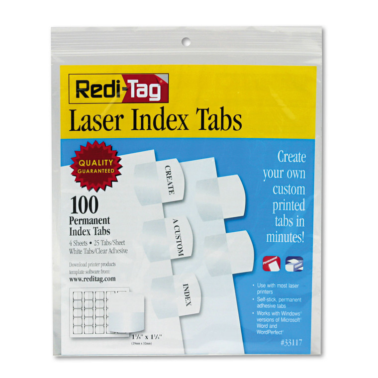 Laser Printable Index Tabs, 1/5-Cut Tabs, White, 1.13" Wide, 100/pack - RTG33117