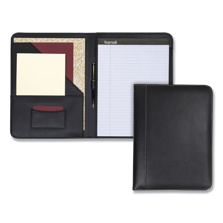 Contrast Stitch Leather Padfolio, 8 1/2 X 11, Leather, Black - SAM71710