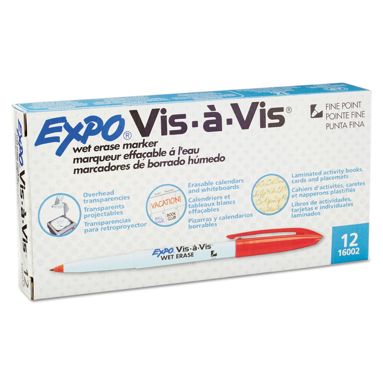 Vis-A-Vis Wet Erase Marker, Fine Bullet Tip, Red, Dozen - SAN16002