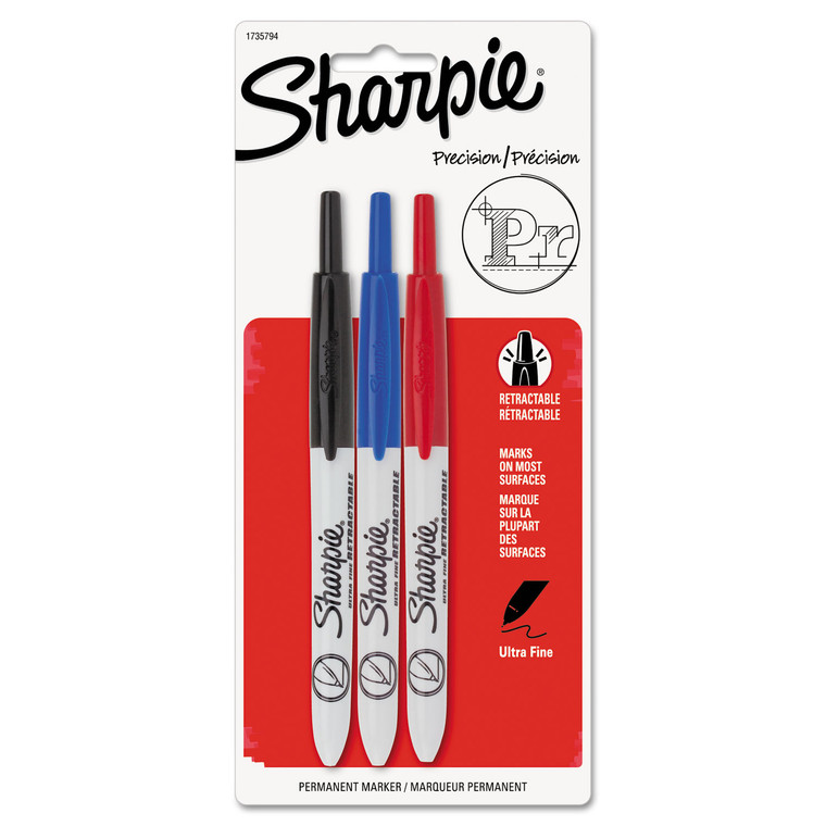 Retractable Permanent Marker, Extra-Fine Needle Tip, Assorted Colors, 3/set - SAN1735794