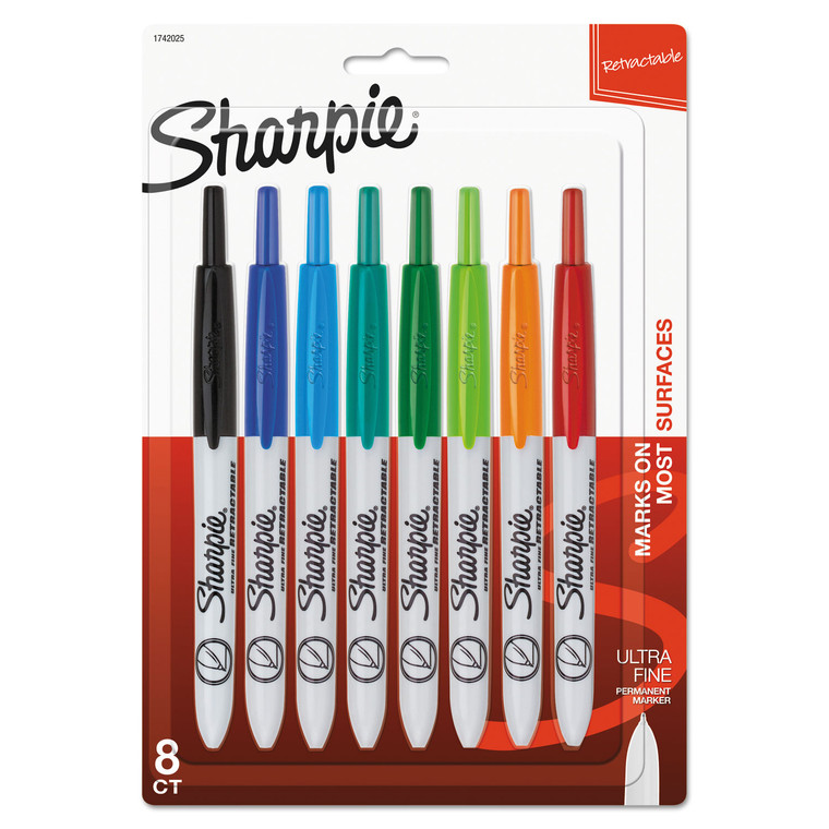 Retractable Permanent Marker, Extra-Fine Needle Tip, Assorted Colors, 8/set - SAN1742025