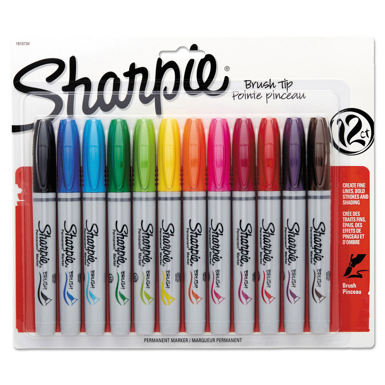 Brush Tip Permanent Marker, Medium Brush Tip, Assorted Colors, 12/set - SAN1810704