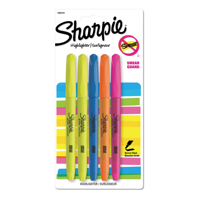 Pocket Style Highlighters, Assorted Ink Colors, Chisel Tip, Assorted Barrel Colors, 5/set - SAN1908101