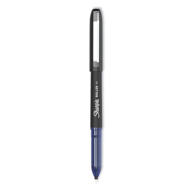 Professional Design Roller Ball Pen, Stick, Fine 0.5 Mm, Blue Ink, Black Barrel, Dozen - SAN2093199
