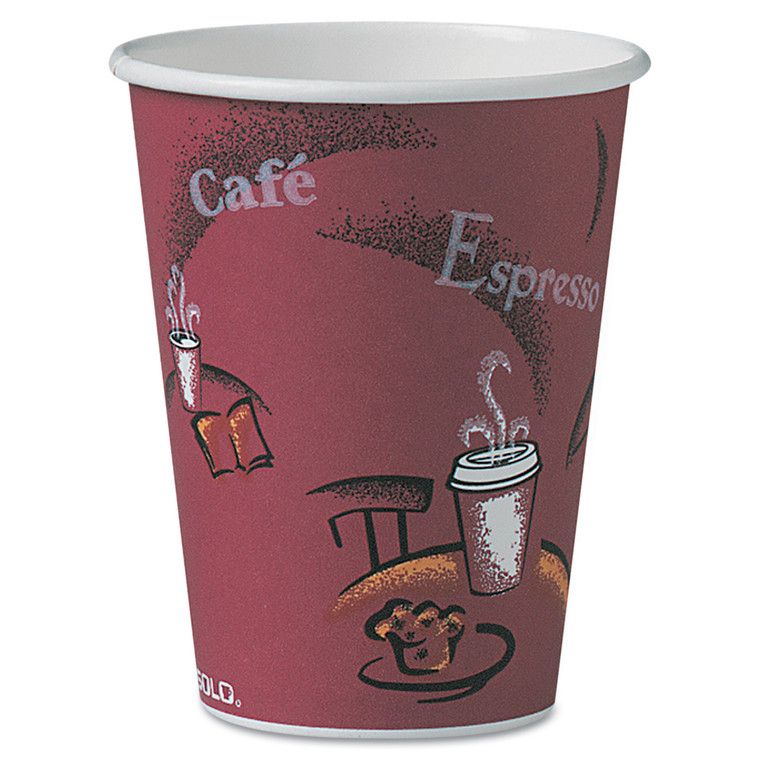 Solo Paper Hot Drink Cups In Bistro Design, 12 Oz, Maroon, 300/carton - SCCOF12BI0041