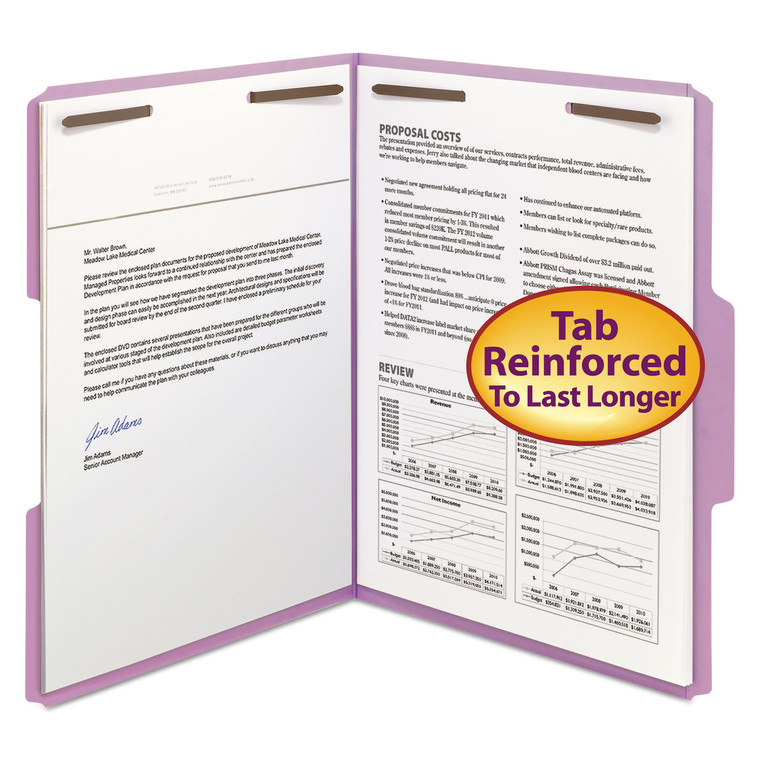 Top Tab Colored 2-Fastener Folders, 1/3-Cut Tabs, Letter Size, Lavender, 50/box - SMD12440