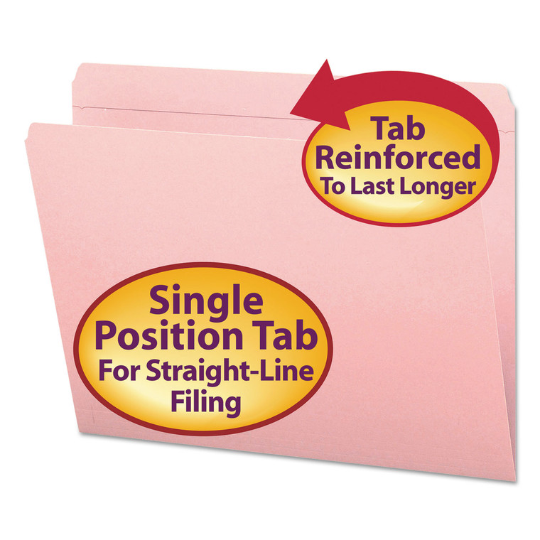 Reinforced Top Tab Colored File Folders, Straight Tab, Letter Size, Pink, 100/box - SMD12610