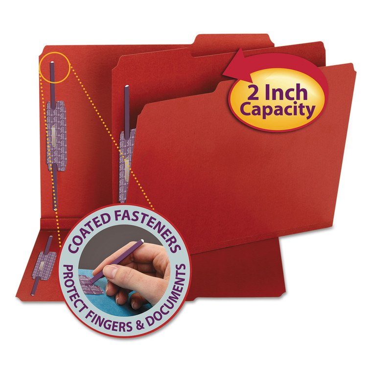 Colored Pressboard Folders With Two Safeshield Coated Fasteners, 1/3-Cut Tabs, Letter Size, Bright Red, 25/box - SMD14936
