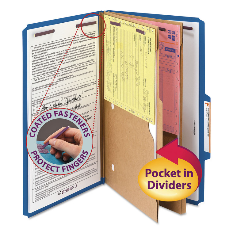 6-Section Pressboard Top Tab Pocket-Style Classification Folders W/ Safeshield Fasteners, 2 Dividers, Legal, Dark Blue, 10/Bx - SMD19077