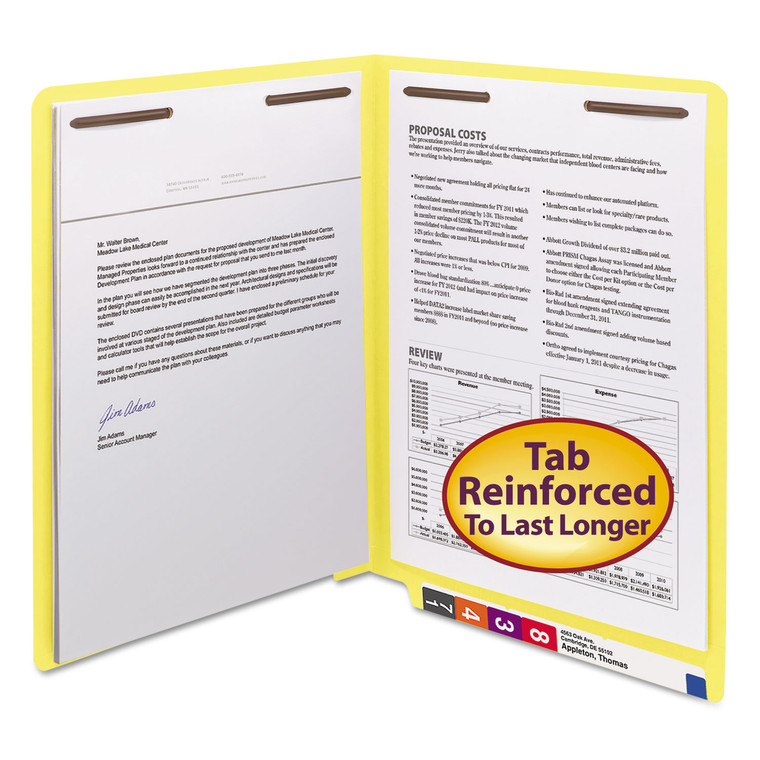 Heavyweight Colored End Tab Folders With Two Fasteners, Straight Tab, Letter Size, Yellow, 50/box - SMD25940