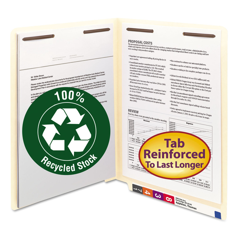 100% Recycled Manila End Tab Folders With Two Fasteners, Straight Tab, Letter Size, 50/box - SMD34160