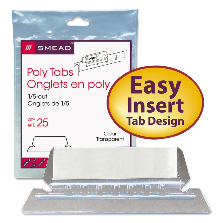 Poly Index Tabs And Inserts For Hanging File Folders, 1/5-Cut Tabs, White/clear, 2.25" Wide, 25/pack - SMD64600