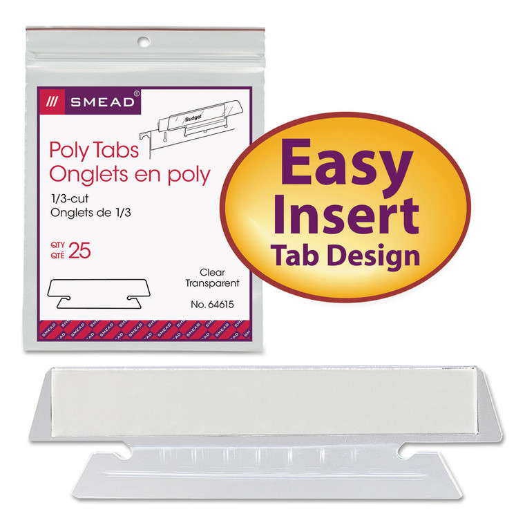 Poly Index Tabs And Inserts For Hanging File Folders, 1/3-Cut Tabs, White/clear, 3.5" Wide, 25/pack - SMD64615