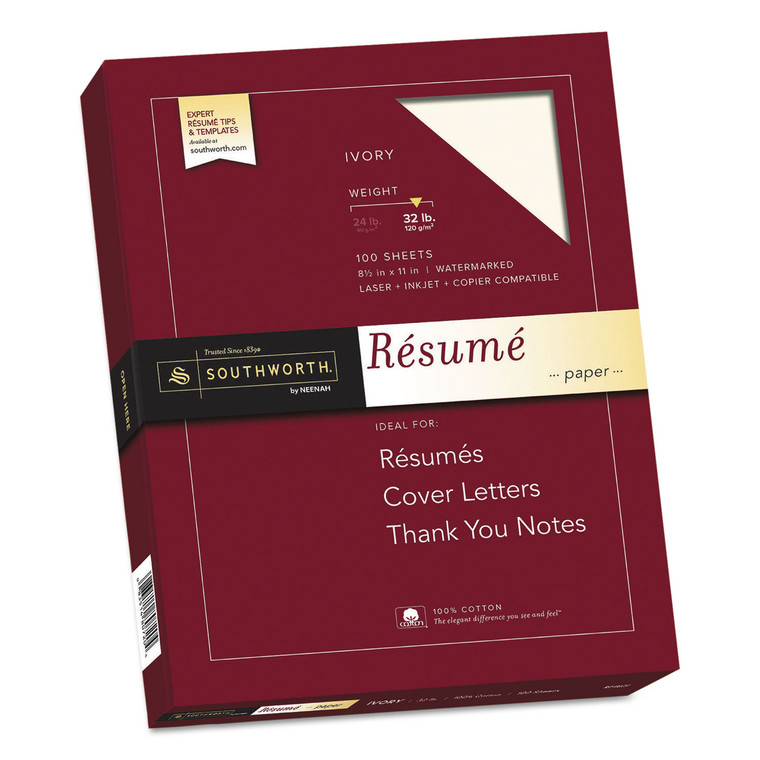 100% Cotton Resume Paper, 32 Lb, 8.5 X 11, Ivory, 100/pack - SOURD18ICF