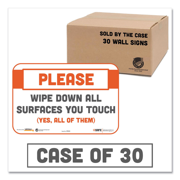 Besafe Messaging Repositionable Wall/door Signs, 9 X 6, Please Wipe Down All Surfaces You Touch, White, 30/carton - TAB29163