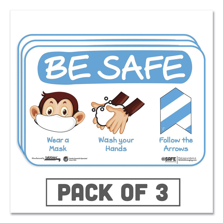 Besafe Messaging Education Wall Signs, 9 X 6, "be Safe, Wear A Mask, Wash Your Hands, Follow The Arrows", Monkey, 3/pack - TAB29506