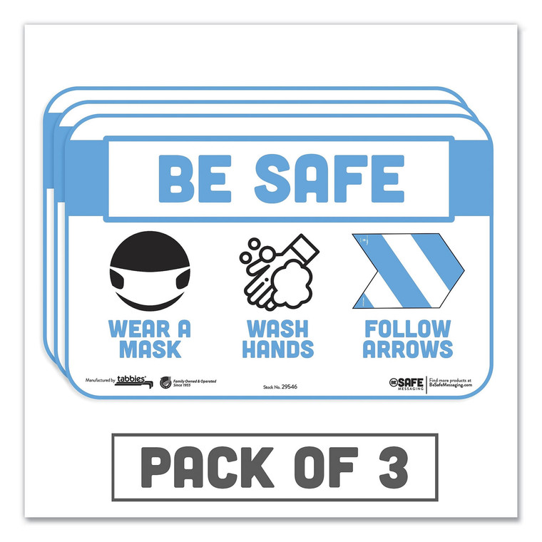Besafe Messaging Education Wall Signs, 9 X 6, "be Safe, Wear A Mask, Wash Your Hands, Follow The Arrows", 3/pack - TAB29546