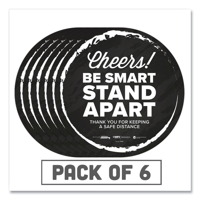 Besafe Messaging Floor Decals, Cheers;be Smart Stand Apart;thank You For Keeping A Safe Distance, 12" Dia, Black/white, 6/ct - TAB79085