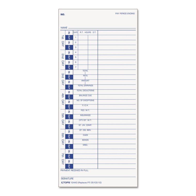 Time Clock Cards, Replacement For 35100-10, One Side, 4 X 9, 100/pack - TOP12443