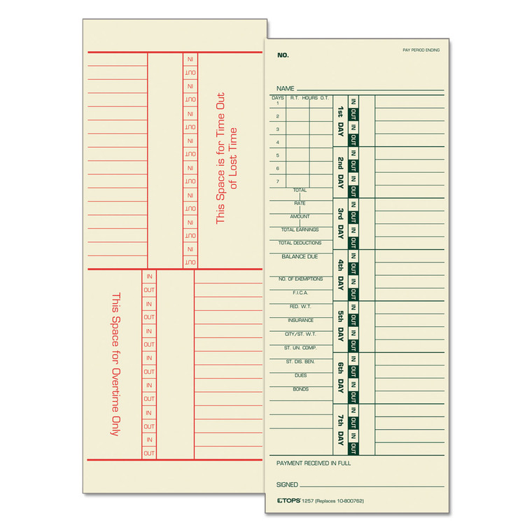 Time Clock Cards, Replacement For 10-800762, Two Sides, 3.5 X 9, 500/box - TOP1257